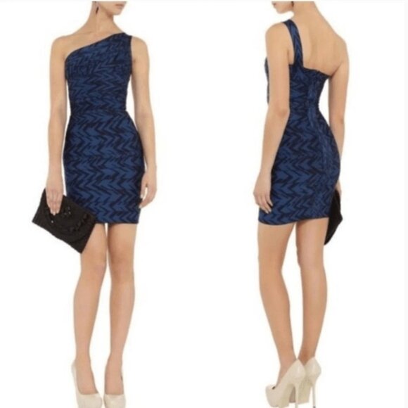 Herve Leger Dresses & Skirts - Herve Leger Dagny Bandage One Shoulder Bodycon Mini Dress Carbon Blue Sz Large